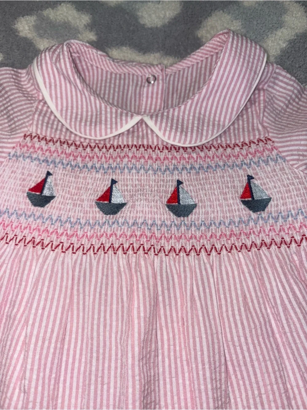 Smocked Pink Seersucker Short Sleeve Sailboat Dress with Collar 2Y